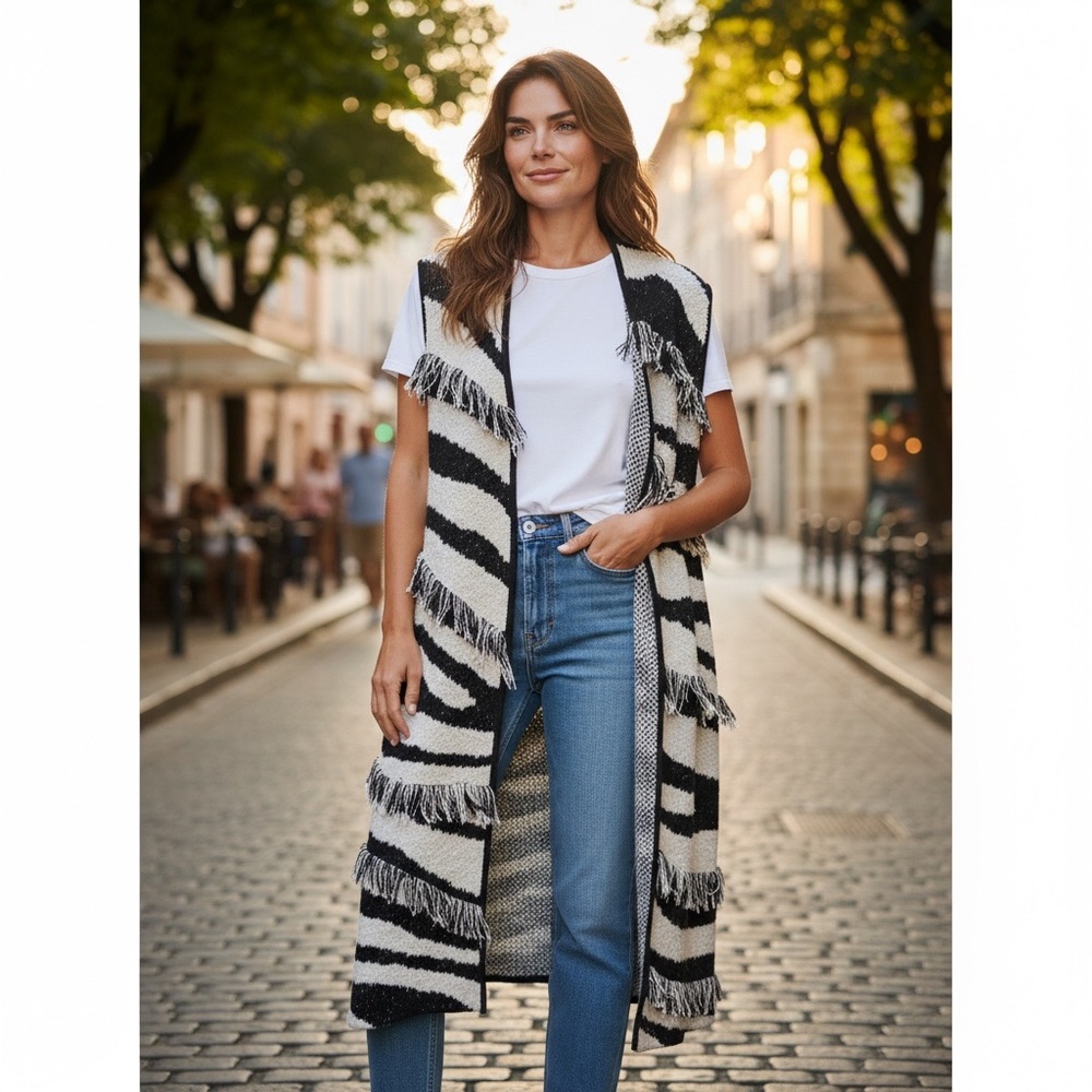 Chico's Black & White Zebra Fringe Long Open-Front Knit Vest